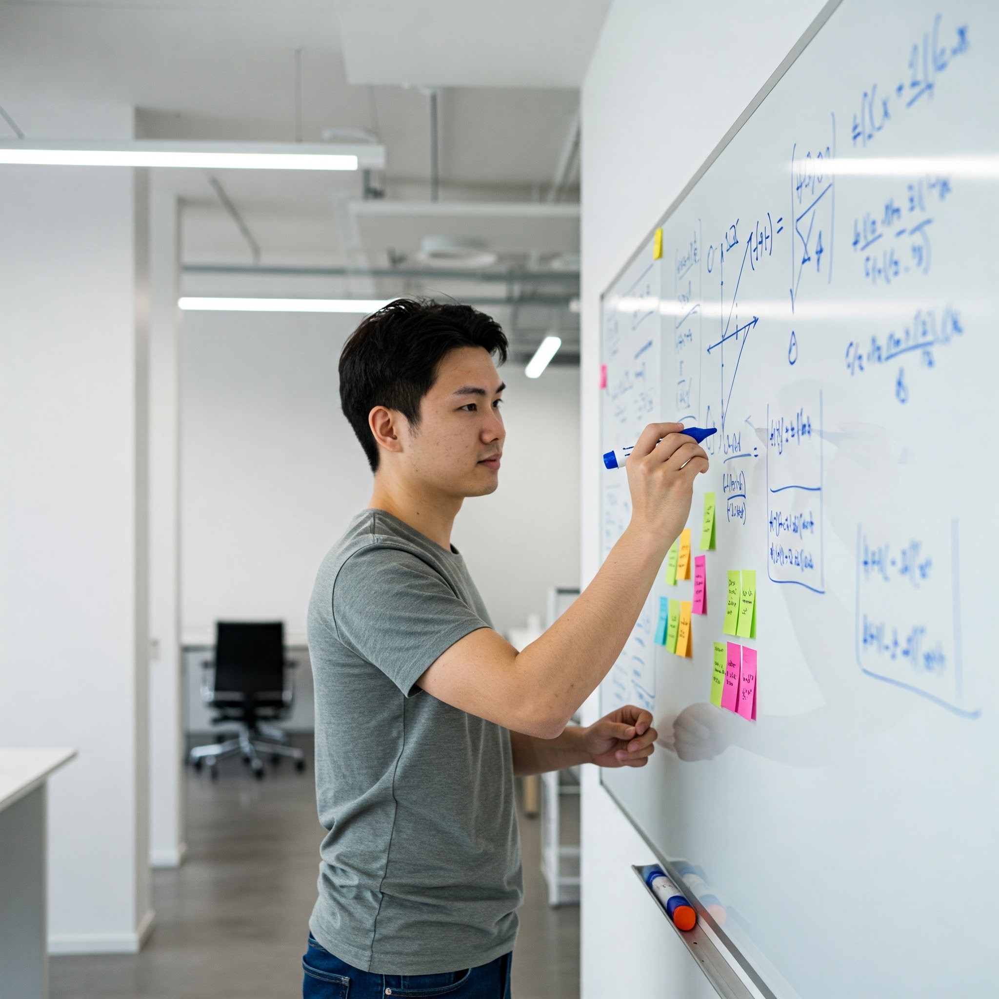 photo of Asian Man Writing on Whiteboard in Office